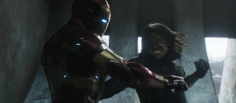 The Winter Soldier (Sebastian Stan) battles Iron Man (Robert Downey Jr.)
